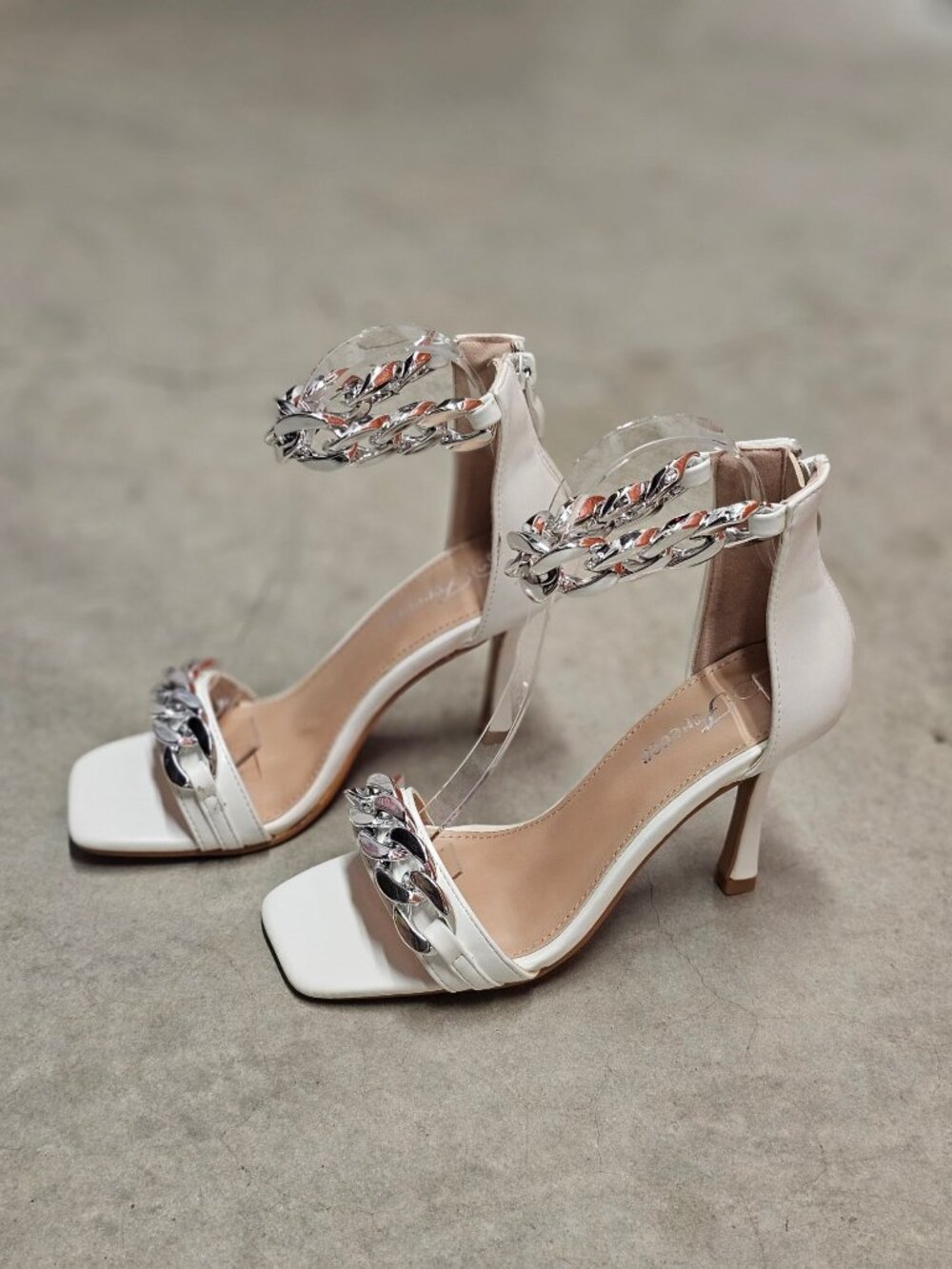Chain-Detail White High Heel Sandals With Ankle Strap For Women